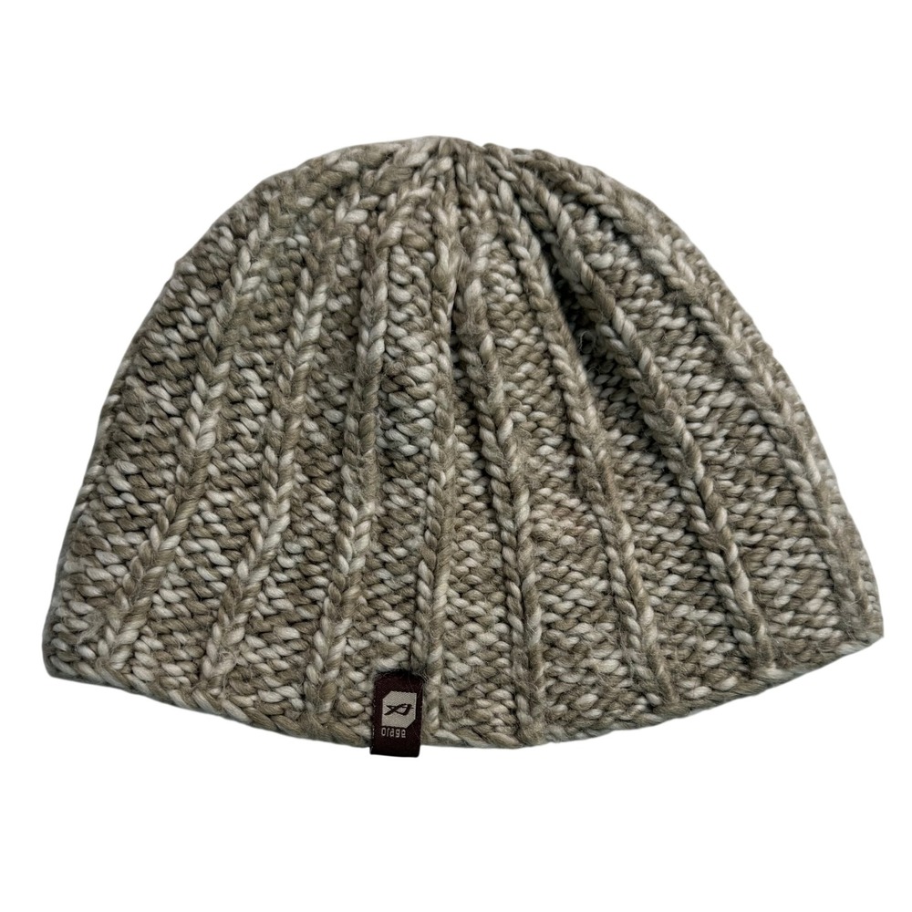 Orage Beanie Hat Beige Cream Wool Blend Chunky Rib Knit Fleece Lined Winter Ski
